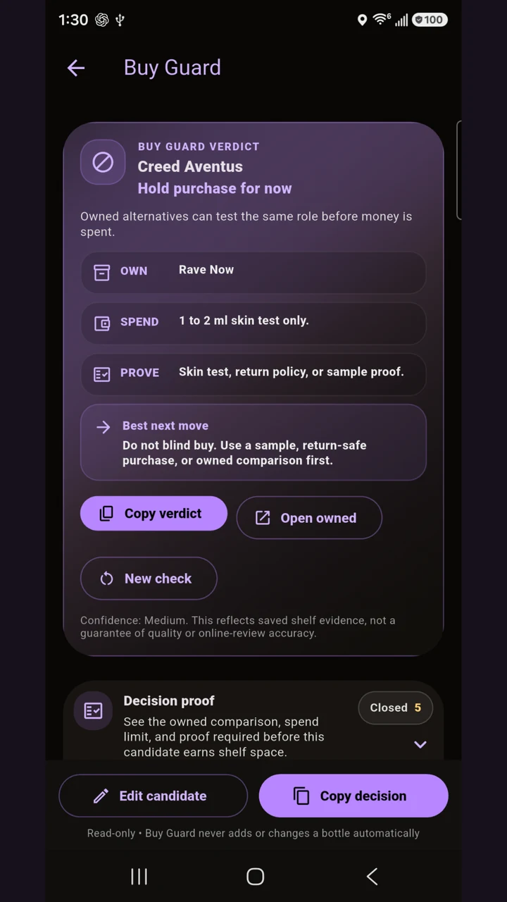 WearMyShelf Buy Guard screen