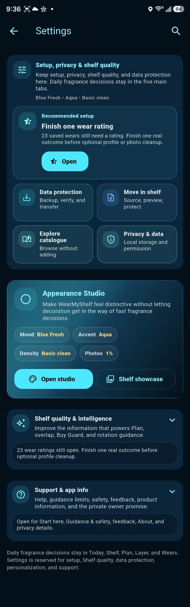 WearMyShelf Settings screen showing data protection, privacy, and shelf quality tools